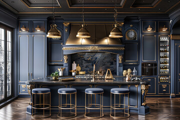A chic kitchen with navy blue cabinets and gold accents. - obrazy, fototapety, plakaty