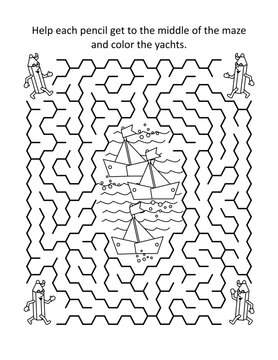 Maze game and coloring page with pencils and yachts
