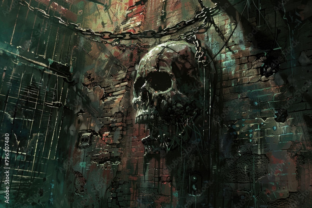 Poster a skull hanging from a chain in a jail cell. suitable for crime and halloween themes