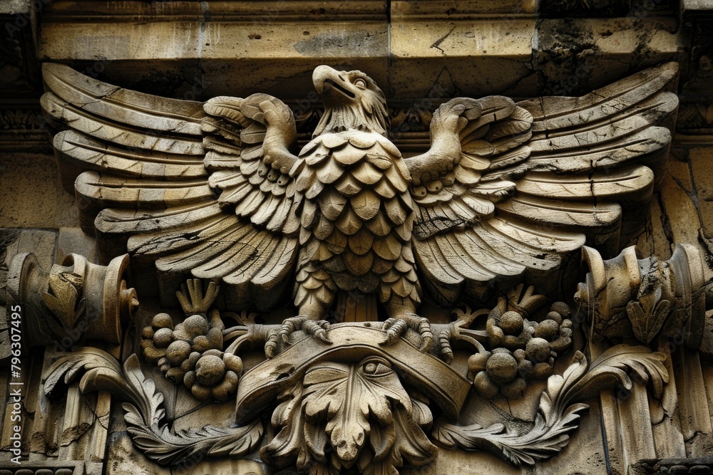 Poster detailed carving of an eagle on a building facade. suitable for architectural and patriotic themes