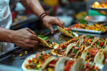 Person preparing tacos in kitchen. Suitable for food and cooking concepts