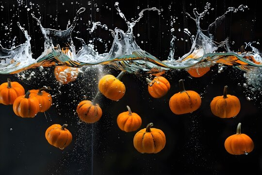 A striking photo of falling pumpkins in water against a black backdrop. Concept Outdoor Photoshoot, Colorful Props, Water Photography, Halloween Theme, Creative Composition