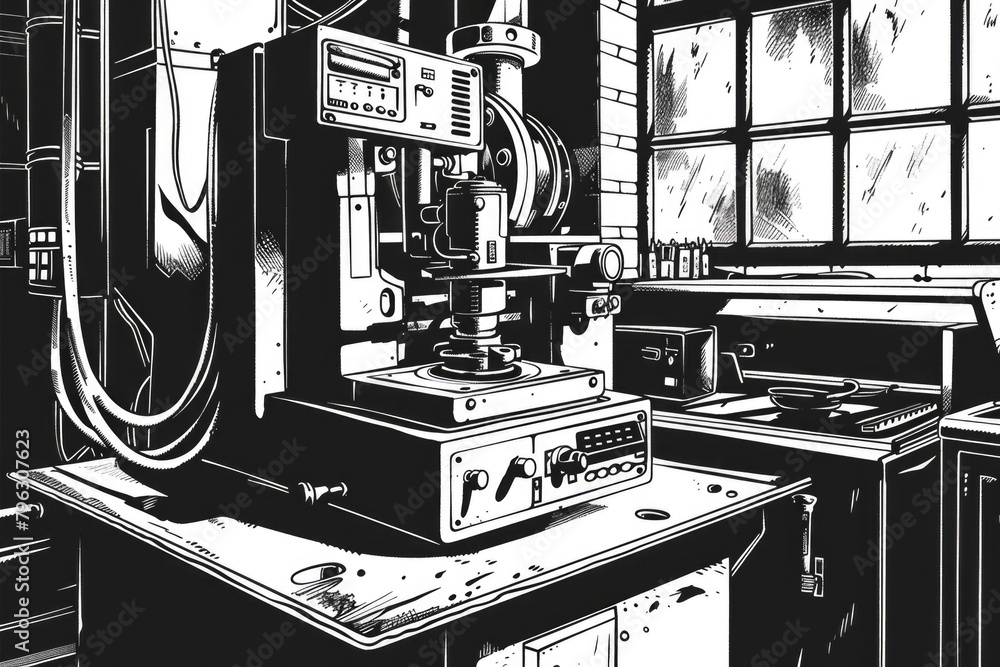 Poster detailed black and white drawing of a machine in a room. ideal for technical illustrations