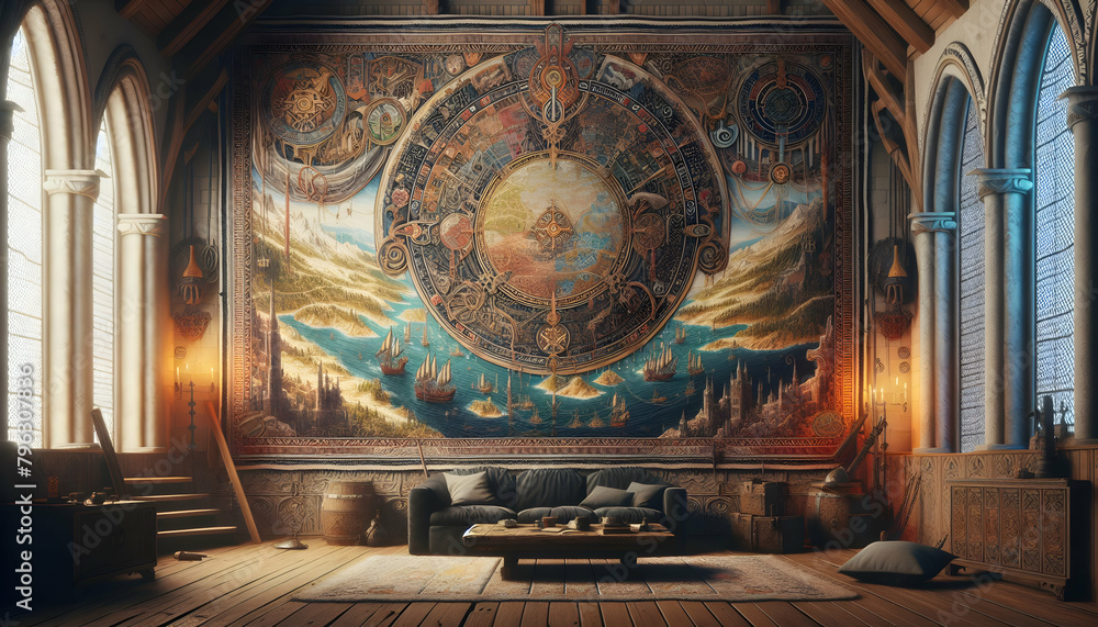 Poster realistic journey tapestry: detailed map as a backdrop for adventure and discovery