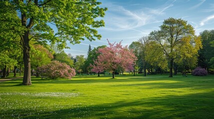 Fototapeta na wymiar Sunny day in a lush green park with blooming trees