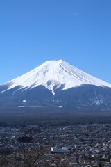 Mount Fuji with sunny blue sky and lake in Japan