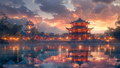 Fototapeta premium Traditional Chinese architecture, sparkling with twinkling stars, generative ai