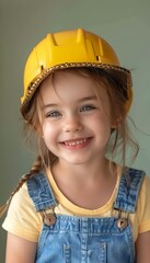 Confident young girl in engineer attire, smiling under yellow safety helmet on pastel background