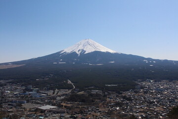 Mount Fuji with sunny blue sky and lake in Japan
