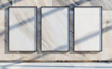 blank poster frames next to a marble wall, in the style of outdoor art, multiple screens,generative ai