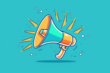 A vibrant yellow and blue megaphone on a bright blue background. Perfect for advertising or communication concepts - obrazy, fototapety, plakaty