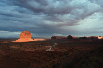 Spectacular sunset during a stormy sunset in the Monument Valley, Utah