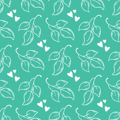 Silhouette of leaves on green background seamless pattern. Simple natural doodle style print for textile, wallpaper, paper, ornament and design, vector graphic