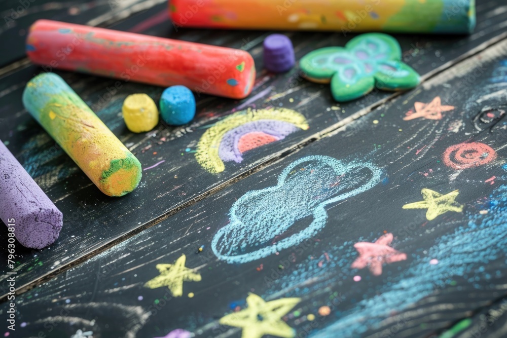 Poster close up of chalk and crayons on a table, suitable for educational and creative concepts