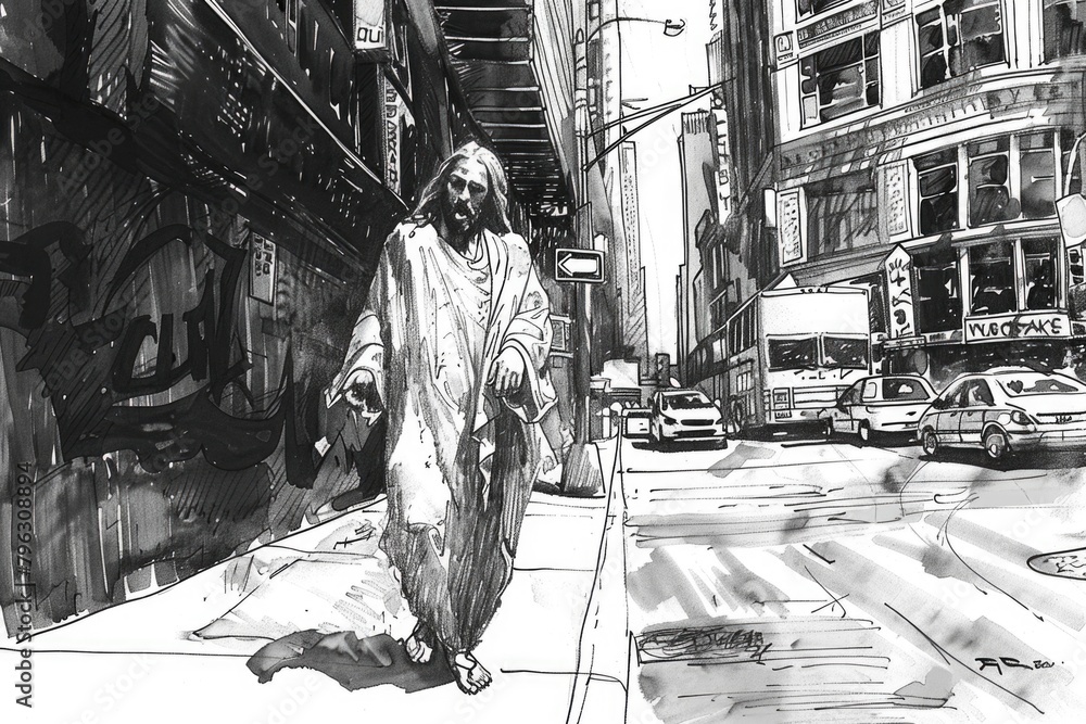 Aufkleber Black and white drawing of a man walking down a street. Suitable for various design projects