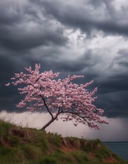 A dramatic scene featuring a robust sakura branch swaying in the wind against a backdrop of dark, stormy clouds - obrazy, fototapety, plakaty