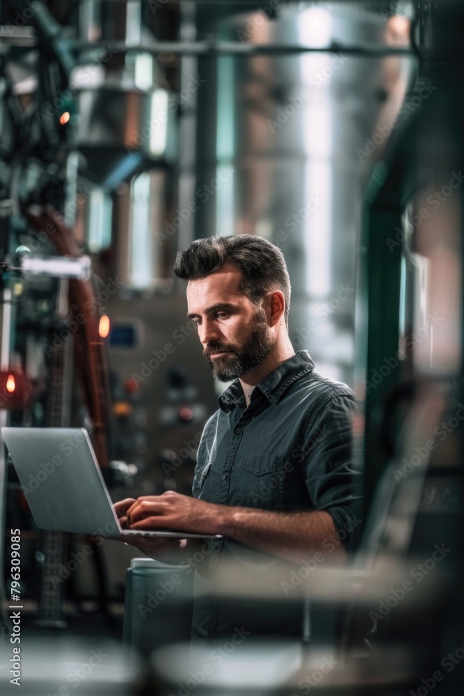 Aufkleber a man using a laptop in a factory setting. suitable for illustrating technology in industrial enviro