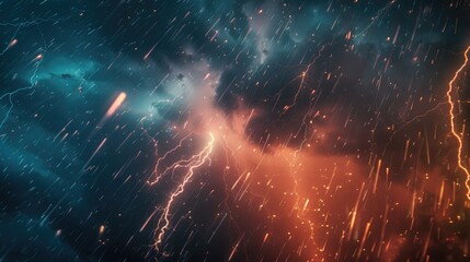 A dramatic image of a lightning storm in the night sky. Suitable for various weather or natural disaster related projects - obrazy, fototapety, plakaty