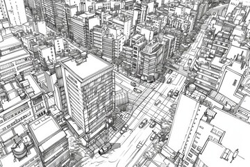 Detailed drawing of a cityscape, perfect for urban design projects