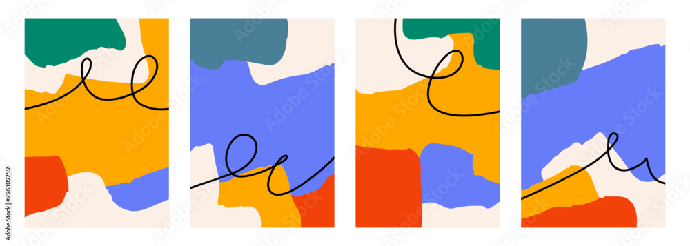 Fototapete set of abstract backgrounds with various color hand drawn dynamic shapes and black curved lines for 