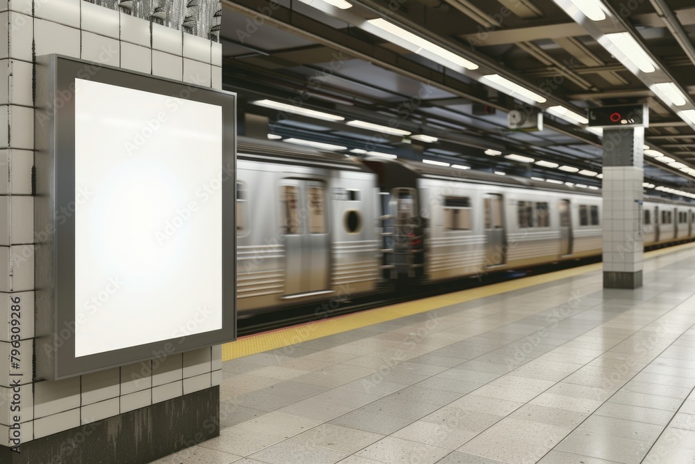Poster A busy subway station with a train passing by. Suitable for transportation themes