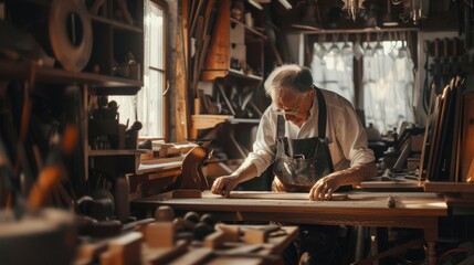 A man focused on crafting wood in a workshop, ideal for woodworking projects - obrazy, fototapety, plakaty