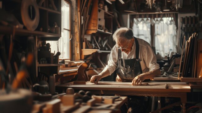 A man focused on crafting wood in a workshop, ideal for woodworking projects