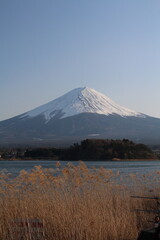 Mount Fuji with sunny blue sky and lake in Japan