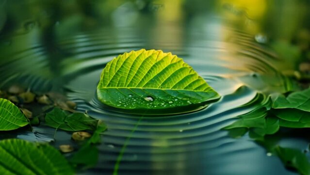 Green leaf on water surface