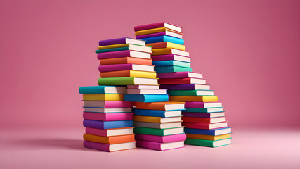 A neatly stacked pile of vibrant, multicolored books against a bright pink backdrop.