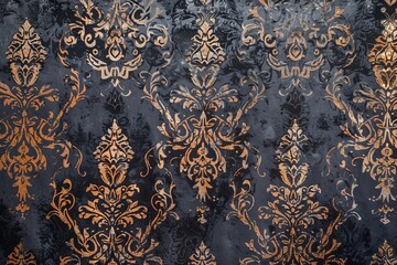 Charcoal Gray and Rose Gold Damask Wallpaper.