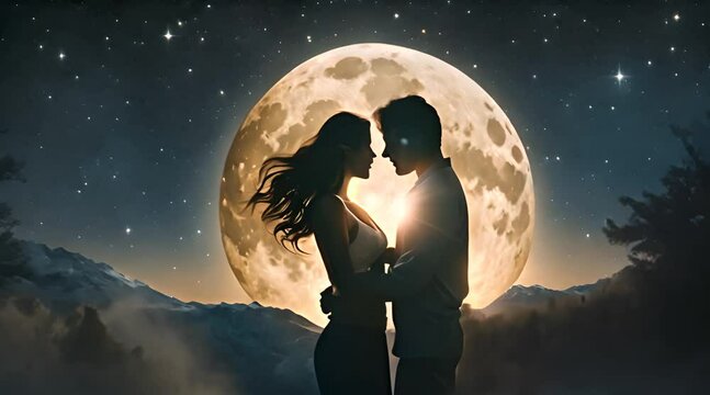 Romantic couple silhouette under starry sky, embraced in moonlight, depicting enduring love amidst cosmic expanse