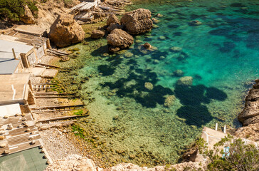Es Portitxol cove beautiful turquoise waters, Sant Joan de Labritja, Ibiza, Balearic Islands, Spain
