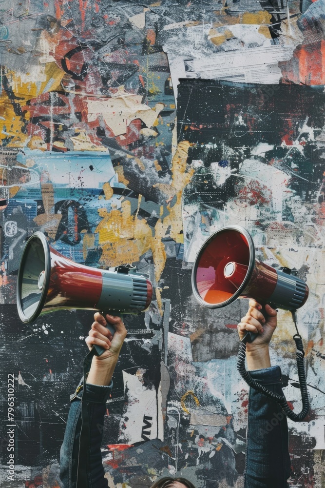 Poster a man holding a megaphone up in the air. ideal for communication concepts