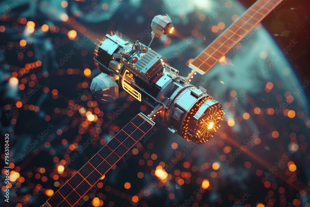 Poster a futuristic space station with a satellite in the background. ideal for science fiction concepts