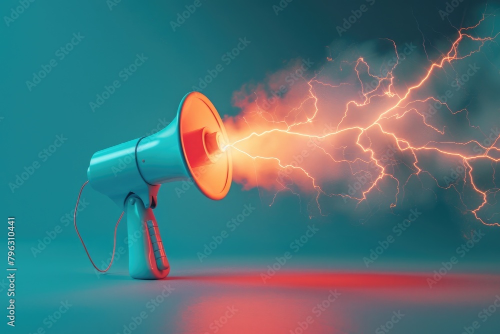 Poster a blue and red megaphone with lightning coming out of it. suitable for advertising or communication 