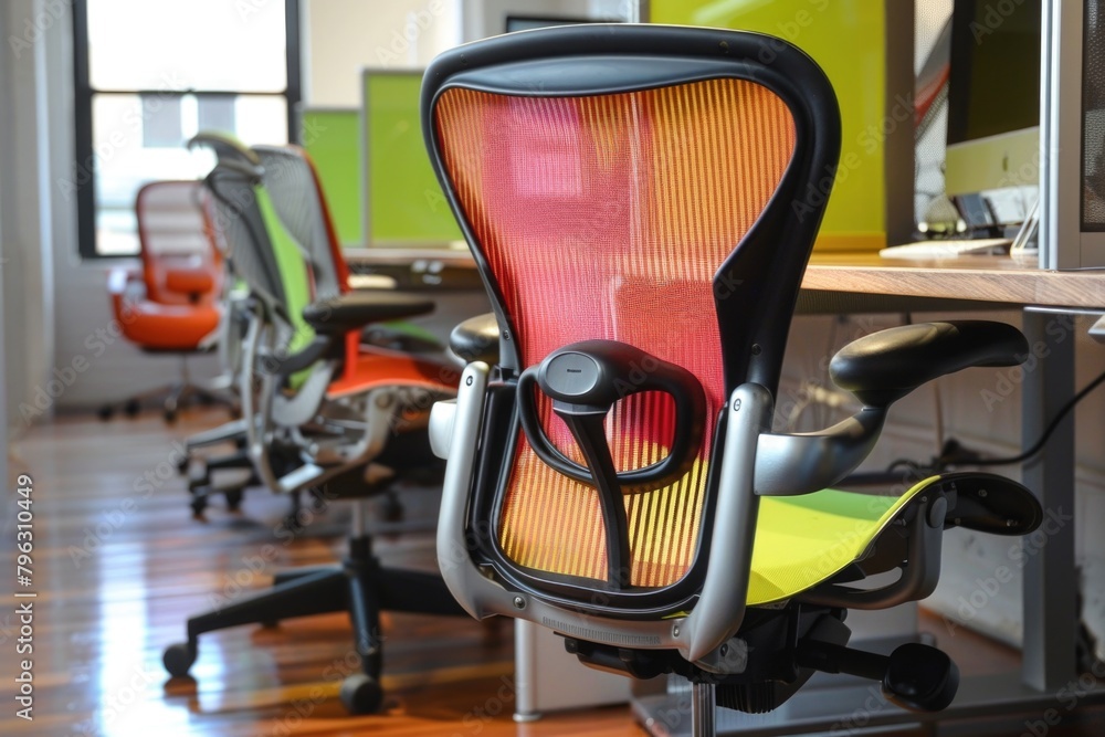 Poster a colorful office chair placed in front of a computer desk, suitable for office or home workspace