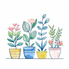 illustration of simple drawing of plants in pots on a white background, with blue line work, as well as colorful ink drawings and woodcut prints of plants growing together to form an arch shape,  - obrazy, fototapety, plakaty
