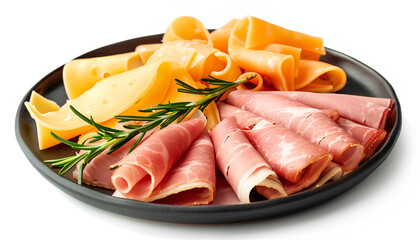 Plate with tasty slices of ham, rosemary and cheese isolated on white background - obrazy, fototapety, plakaty