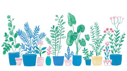 horizontal banner illustration of simple drawing of plants in pots on a white background, with blue line work, and woodcut prints of plants growing together to form an arch shape, 
