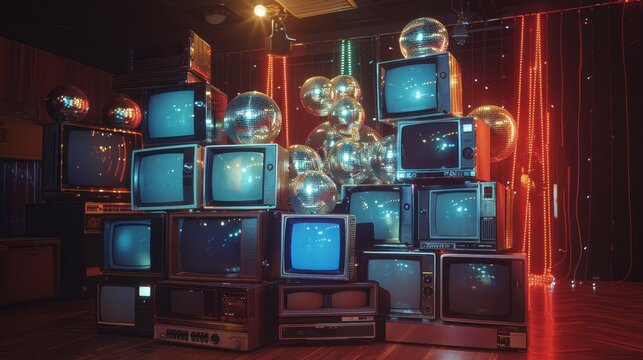 a stack of vintage 1980s CRT TVs and disco balls on the dance floor at Studio 54, film photography, kodachrome 