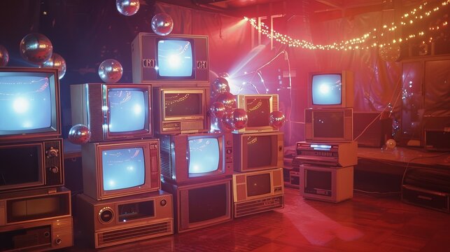 a stack of vintage 1980s CRT TVs and disco balls on the dance floor at Studio 54, film photography, kodachrome 
