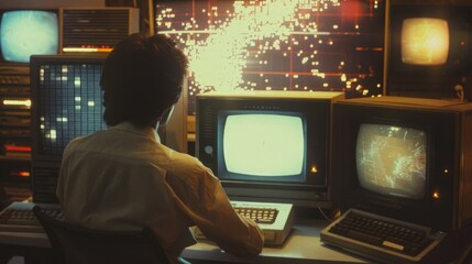  people and  computer Internet 1987, color film retro photo