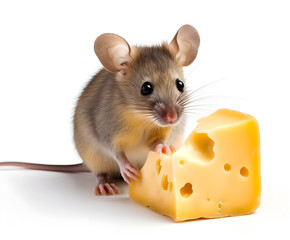 Fototapeta premium Sweet mouse eats cheese. Illustration with the rodent on the white background.