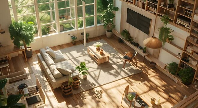  Isometric view living room muji style open inside interior architecture 3d rendering