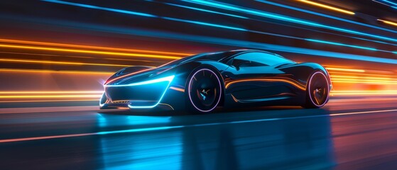 Futuristic Car in Motion with Neon Lights and Concept Design, Dynamic Light Trails at Night