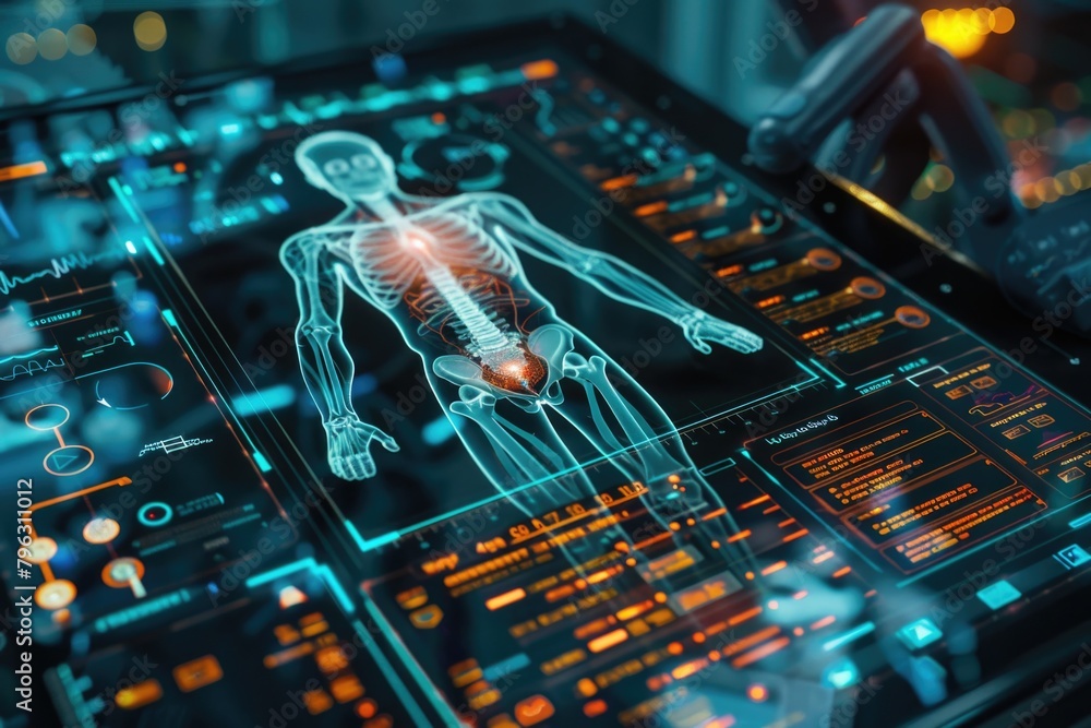 Poster A close-up view of a skeleton displayed on a computer screen. Ideal for technology or Halloween-themed projects