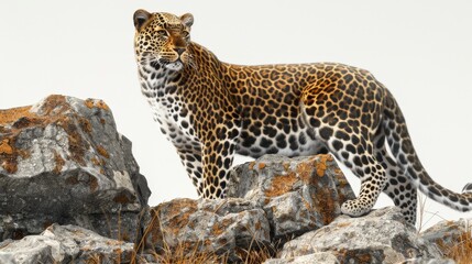 A leopard is standing on a rock, looking at the camera