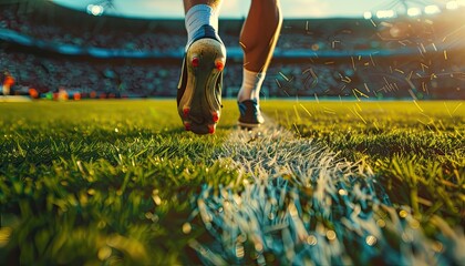 Cropped image of running soccer football player at stadium during football match. Concept of sport...