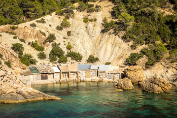 Es Portitxol cove picturesque fishing , huts, Sant Joan de Labritja, Ibiza, Balearic Islands, Spain